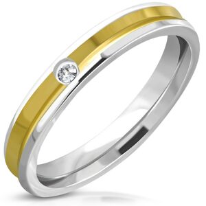 Prsten z oceli - kroužek s prohlubní zlaté barvy uprostřed, čirý kámen - Velikost: 59