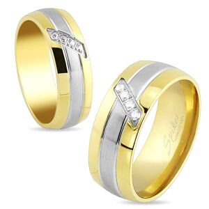 Prsten z oceli, linie zlaté a stříbrné barvy, šikmý pásek čirých zirkonů, 8 mm - Velikost: 59