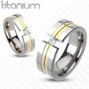 Prsten z titanu - dva zlaté pásy, zirkon F2.15
