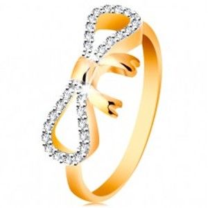 Prsten ze 14K zlata - zirkony a bílým zlatem zdobená mašlička, úzká ramena GG191.92/99