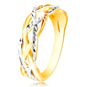 Prsten ze 14K zlata - dvoubarevné, zvlněné a propletené linie, zářezy - Velikost: 51