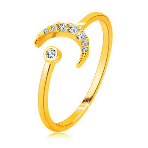 Prsten ze 14K zlata - měsíc ozdobený zirkony, kulatý zirkon v objímce, otevřená ramena - Velikost: 51