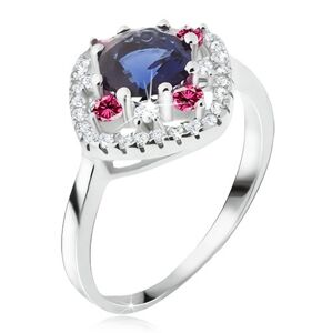 Prsten ze stříbra 925, modrý okrouhlý zirkon, čiré a růžové kamínky - Velikost: 52