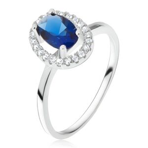 Prsten ze stříbra 925, oválný modrý kámen se zirkonovým rámem - Velikost: 60