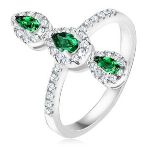 Prsten ze stříbra 925, tři zelené slzičkovité kamínky, zirkonový lem - Velikost: 64
