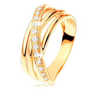 Prsten ze žlutého 14K zlata - tři hladké pásy, šikmá zirkonová linie - Velikost: 50