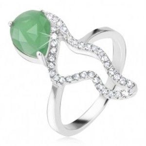 Prsten ze stříbra 925 - zelený slzičkový kámen, zirkonová zvlněná linie BB17.03