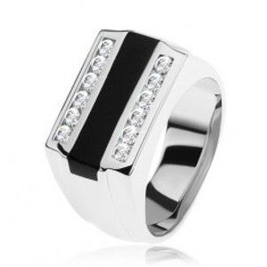 Prsten ze stříbra 925, černý glazovaný pásek, čiré zirkonové linie S75.10