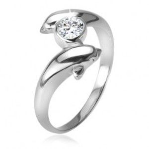 Prsten s čirým zirkonem mezi dvěma delfíny, stříbro 925 BB15.13