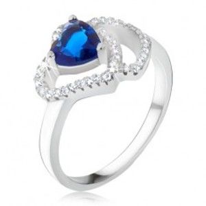 Prsten ze stříbra 925, modrý srdíčkovitý kámen, zirkonové obrysy srdcí V6.4