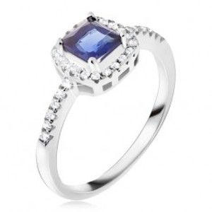 Prsten ze stříbra 925, modrý čtvercový kamínek, zirkonový lem BB15.02