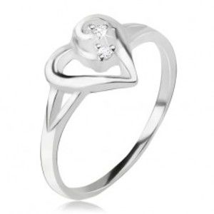 Srdíčkovitý prsten, obrys asymetrického srdce, čiré kamínky, stříbro 925 J18.13