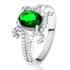 Prsten ze stříbra 925, oválný zelený kámen, zatočená zirkonová ramena Q9.6