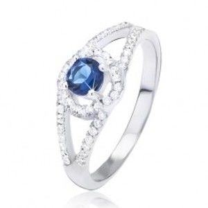 Prsten ze stříbra 925, rozdvojená zirkonová ramena, modrý kamínek v kruhu BB7.4
