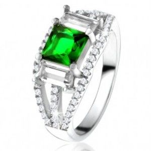 Prsten ze stříbra 925, čtvercový zelený zirkon, čiré obdélníkové kamínky U18.06