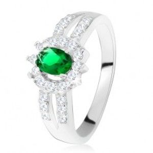 Prsten ze stříbra 925, tmavě zelený kamínek, rozdvojená zdobená ramena SP22.21