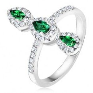 Prsten ze stříbra 925, tři zelené slzičkovité kamínky, zirkonový lem BB18.09