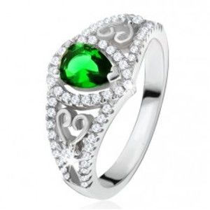 Prsten ze stříbra 925, zelený slzičkovitý kámen, čiré zirkony, obrysy srdcí U18.19