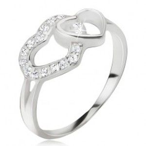 Srdíčkovitý prsten, zirkonová a hladká kontura srdce, stříbro 925 J11.4