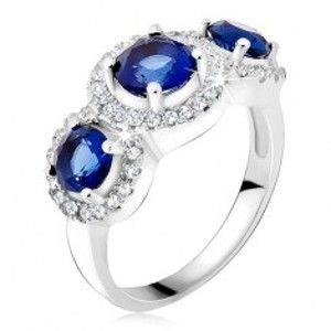 Prsten ze stříbra 925, zirkonové kruhy, tři modré kamínky BB13.04