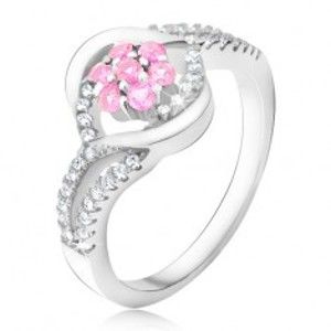 Prsten ze stříbra 925, zirkonový květ světle růžové barvy, zvlněná ramena K09.09