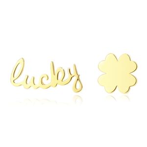 Puzetové náušnice ze žlutého zlata 585 - čtyřlístek a nápis "lucky"