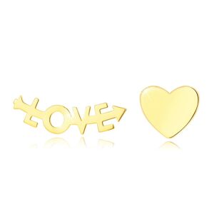 Puzetové náušnice ze žlutého zlata 585 - srdce a nápis "LOVE"