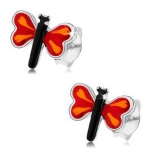 Puzetové náušnice ze stříbra 925, barevný malý motýl, červená křídla