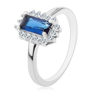 Rhodiovaný prsten, stříbro 925, obdélníkový modrý zirkon, čirý zirkonový lem - Velikost: 52