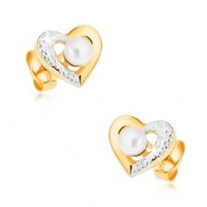 Rhodiované náušnice z 9K zlata - dvoubarevná kontura srdce, bílá perla GG35.04