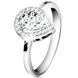Rhodiovaný prsten, stříbro 925, čirá zirkonová slza v zářivé kontuře K01.17
