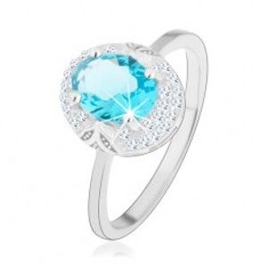 Rhodiovaný prsten, stříbro 925, světle modrý zirkonový ovál, výřezy HH12.16