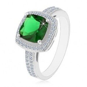 Rhodiovaný prsten, stříbro 925, zelený čtvercový zirkon a čirý zirkonový lem H8.06