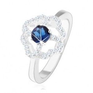 Rhodiovaný prsten ze stříbra 925, čirý obrys čtyřlístku s modrým zirkonem HH13.19