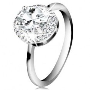 Rhodiovaný prsten ze stříbra 925, velký čirý zirkonový ovál, lístečky H9.19
