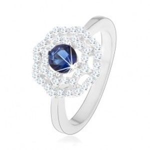 Rhodiovaný stříbrný prsten 925, slunce - modrý kulatý zirkon, dvojitý čirý lem HH11.16
