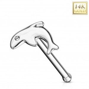 Rovný piercing do nosu z bílého zlata 585 - malý lesklý delfín GG220.02