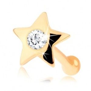Rovný piercing do nosu ze žlutého 14K zlata - malá lesklá hvězdička s diamantem