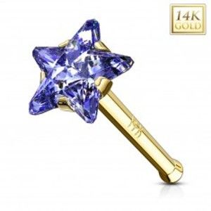 Rovný zlatý 585 piercing do nosu - zirkonová hvězda v modrofialovém odstínu GG221.22