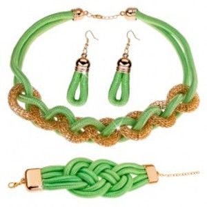 Set náušnic, náhrdelníku a náramku, pletená šňůrka, pistáciově zelená X41.5