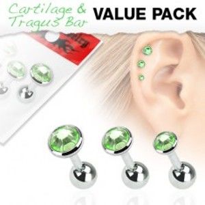 Set tří ocelových piercingů do ucha, kulaté zelené kamínky SP04.18