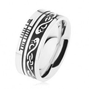 Široký prsten, ocel 316L, černý pruh, keltský vzor, lem stříbrné barvy HH7.12