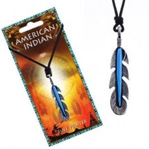 Šňůrkový náhrdelník - černý, indiánské pírko s modrým proužkem P3.2