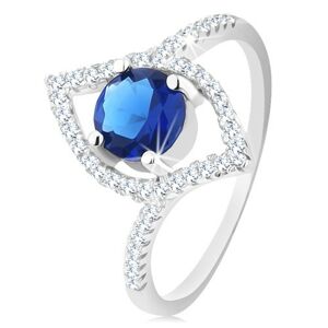 Stříbrný 925 prsten, blýskavý obrys zrnka, kulatý modrý zirkon - Velikost: 51