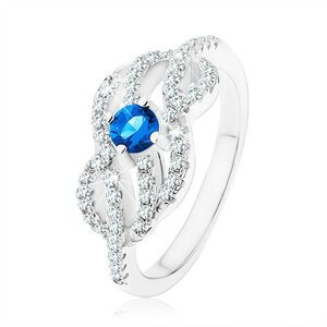 Stříbrný 925 prsten, modrý zirkonek, propletené zvlněné linie - Velikost: 52