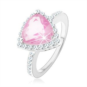 Stříbrný 925 prsten, trojúhelníkový růžový zirkon, blýskavý čirý lem - Velikost: 51