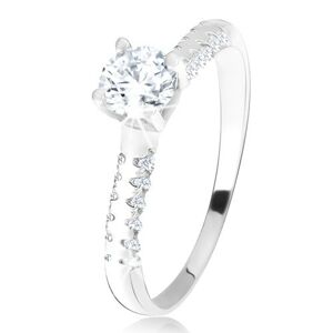 Stříbrný 925 prsten, vystouplý kotlík s čirým zirkonem, ozdobná ramena - Velikost: 50