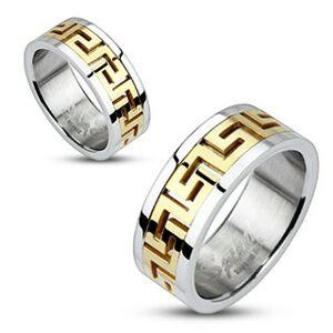 Stříbrný ocelový prsten - zlatý řecký motiv - Velikost: 49