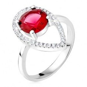 Stříbrný prsten 925 - okrouhlý červený kámen, slzičková kontura ze zirkonů BB16.18