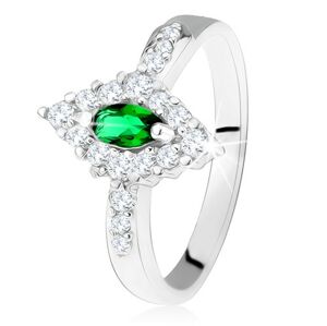 Stříbrný prsten 925, kosočtverec s tmavě zeleným očkem a čirým lemem - Velikost: 49